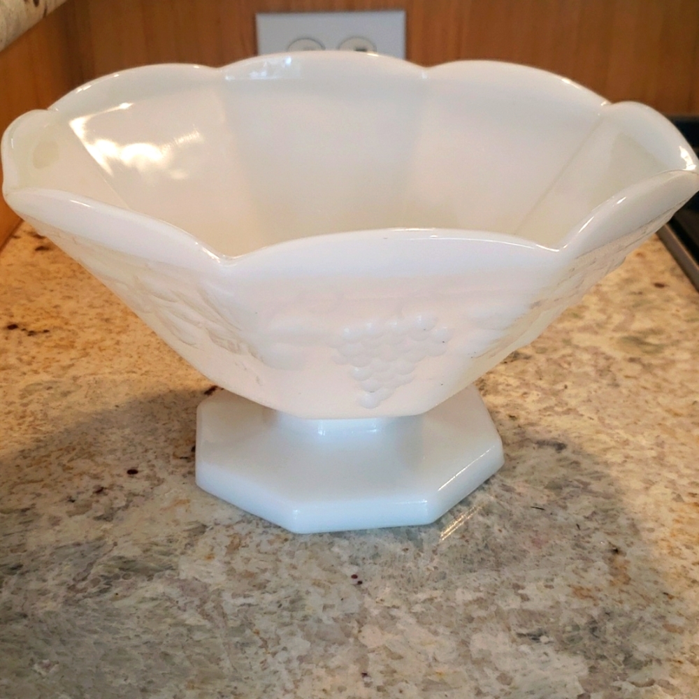 Antique Milk Glass Footed Pedestal Punch Bowl Harvest Grape Pattern